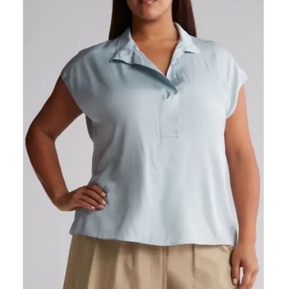 VINCE Silk Blend Collar Short Sleeve Top Blouse Blue Topaz SZ 1X - Picture 1 of 12